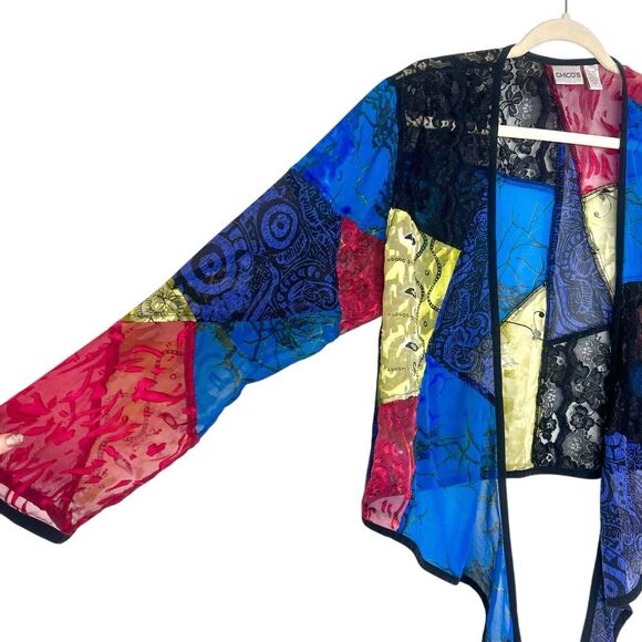 Chico's Silk Lace patchwork Top Women Large Multicolor Velvet Tie Front blouse 2 - Picture 14 of 15